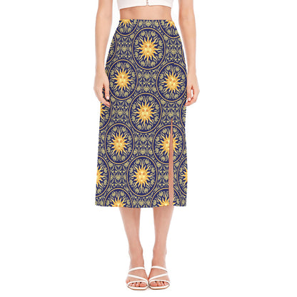 Blue And Gold Celestial Pattern Print Side Slit Midi Skirt