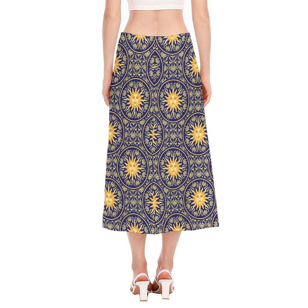 Blue And Gold Celestial Pattern Print Side Slit Midi Skirt