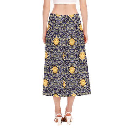 Blue And Gold Celestial Pattern Print Side Slit Midi Skirt