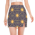 Blue And Gold Celestial Pattern Print Side Slit Mini Skirt
