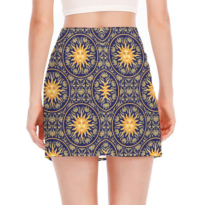 Blue And Gold Celestial Pattern Print Side Slit Mini Skirt
