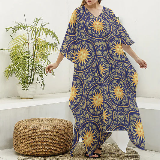 Blue And Gold Celestial Pattern Print Silk V-Neck Kaftan Dress