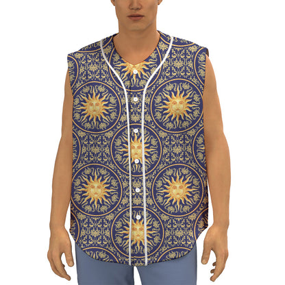 Blue And Gold Celestial Pattern Print Sleeveless Baseball Jersey