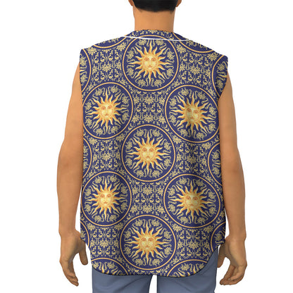 Blue And Gold Celestial Pattern Print Sleeveless Baseball Jersey
