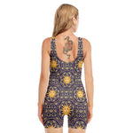 Blue And Gold Celestial Pattern Print Sleeveless One Piece Swimsuit