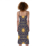 Blue And Gold Celestial Pattern Print Slim Fit Midi Cami Dress