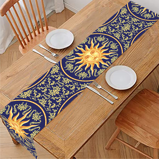 Blue And Gold Celestial Pattern Print Table Runner