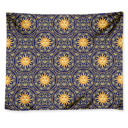 Blue And Gold Celestial Pattern Print Tapestry