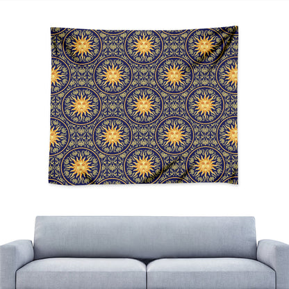 Blue And Gold Celestial Pattern Print Tapestry