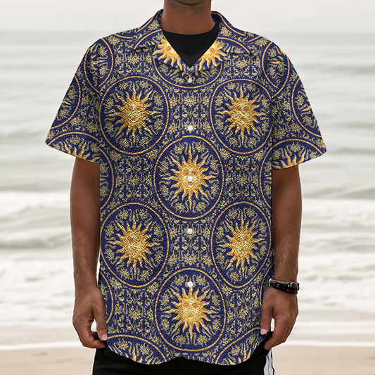 Blue And Gold Celestial Pattern Print Textured Short Sleeve Shirt
