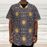 Blue And Gold Celestial Pattern Print Textured Short Sleeve Shirt