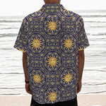 Blue And Gold Celestial Pattern Print Textured Short Sleeve Shirt