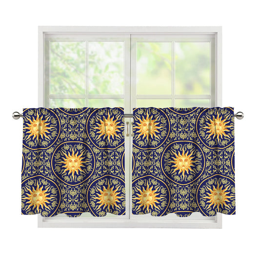 Blue And Gold Celestial Pattern Print Tier Curtains