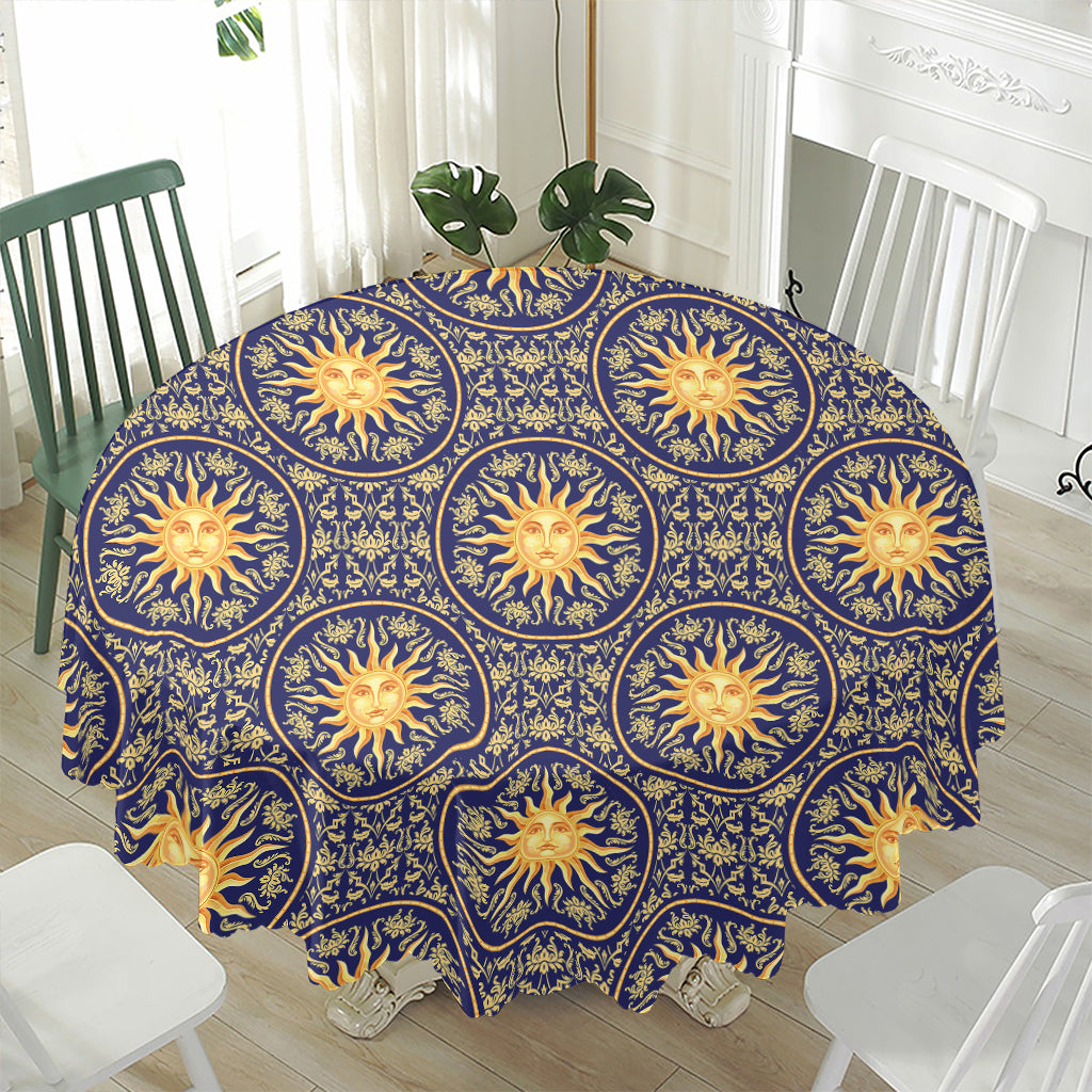 Blue And Gold Celestial Pattern Print Waterproof Round Tablecloth