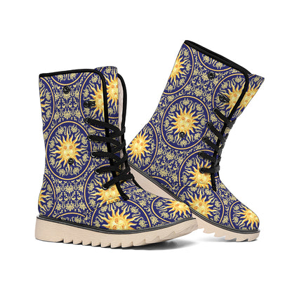 Blue And Gold Celestial Pattern Print Winter Boots