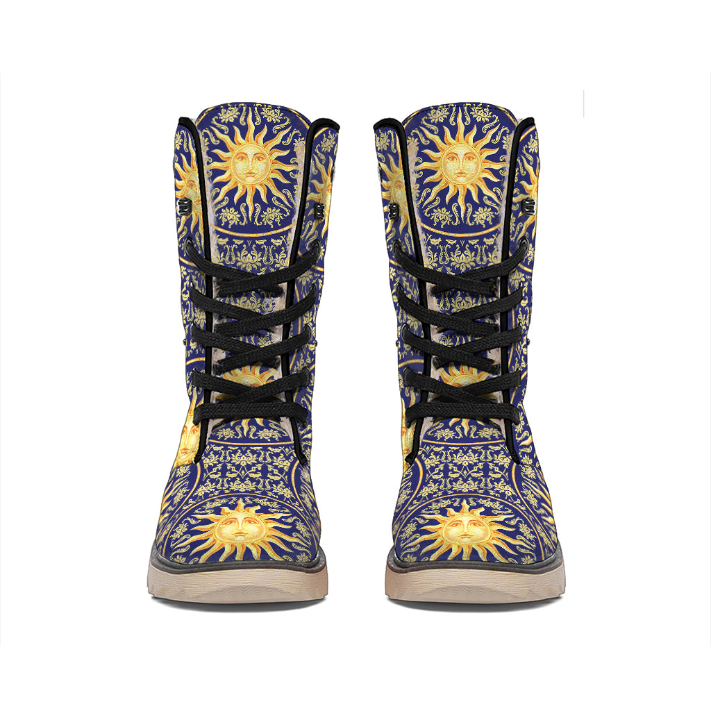 Blue And Gold Celestial Pattern Print Winter Boots