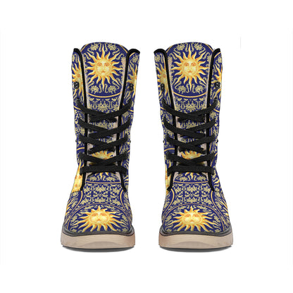 Blue And Gold Celestial Pattern Print Winter Boots