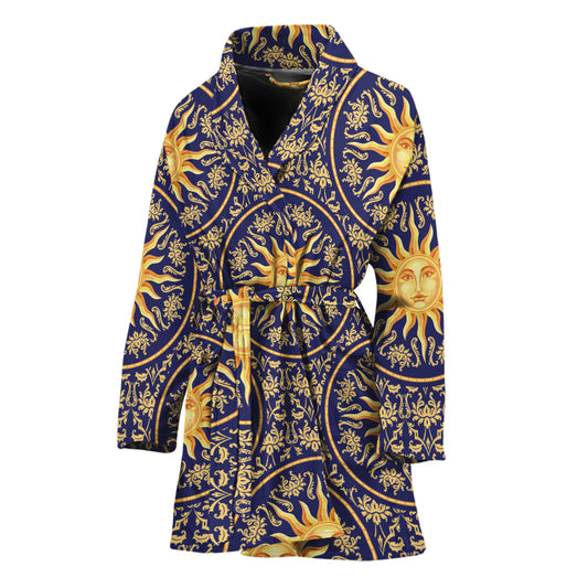 Blue And Gold Celestial Pattern Print Women's Bathrobe