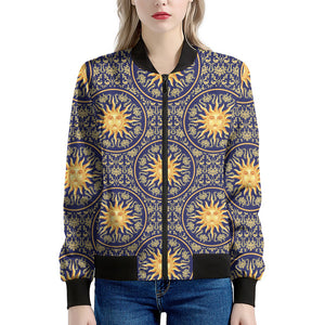 Blue And Gold Celestial Pattern Print Women's Bomber Jacket