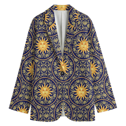 Blue And Gold Celestial Pattern Print Women's Cotton Blazer