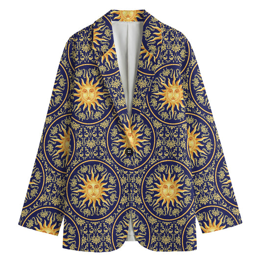 Blue And Gold Celestial Pattern Print Women's Cotton Blazer