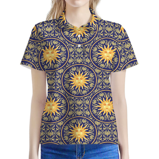 Blue And Gold Celestial Pattern Print Women's Polo Shirt