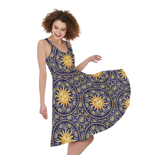 Blue And Gold Celestial Pattern Print Women's Sleeveless Dress