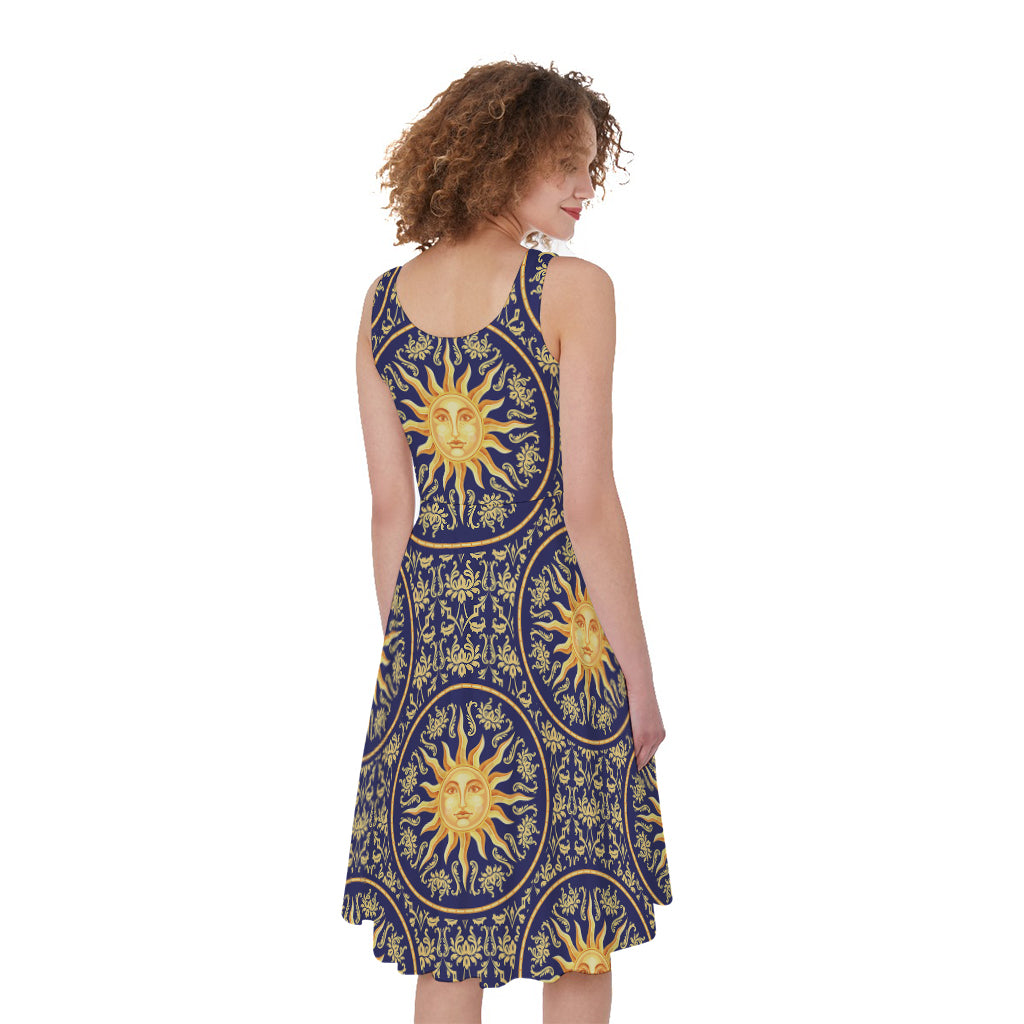Blue And Gold Celestial Pattern Print Women's Sleeveless Dress