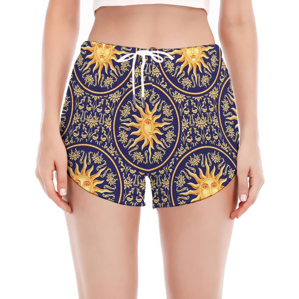 Blue And Gold Celestial Pattern Print Women's Split Running Shorts