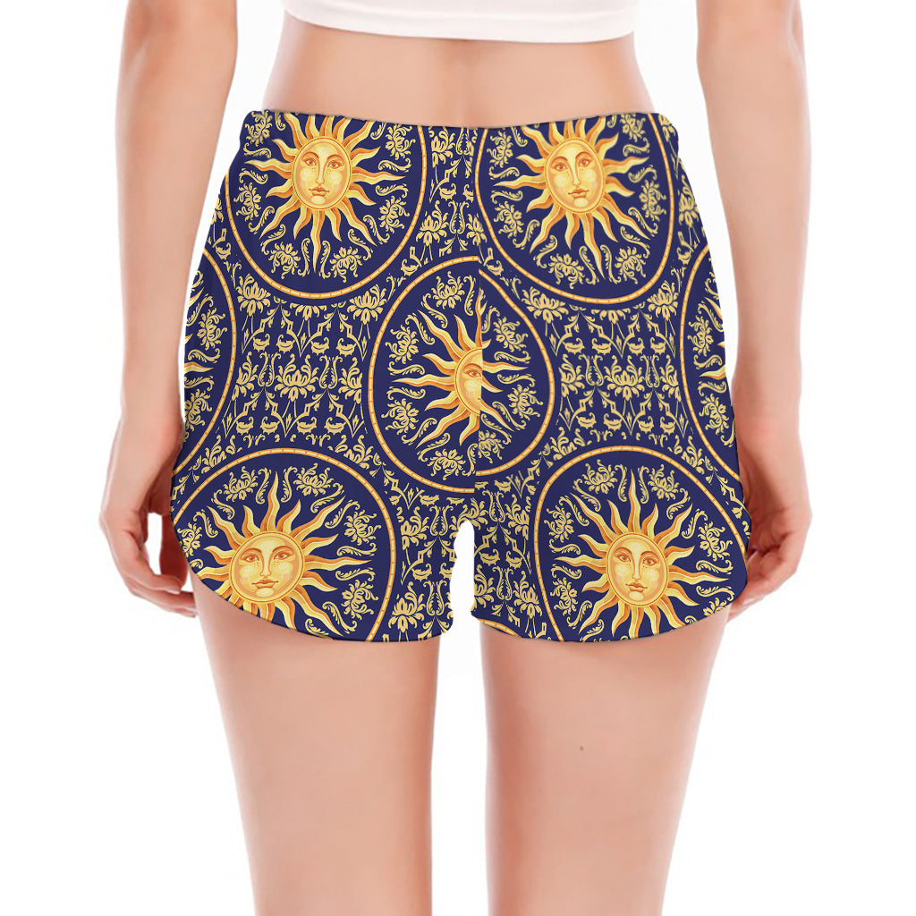 Blue And Gold Celestial Pattern Print Women's Split Running Shorts