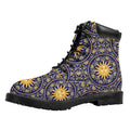 Blue And Gold Celestial Pattern Print Padded Collar Lace Up Boots