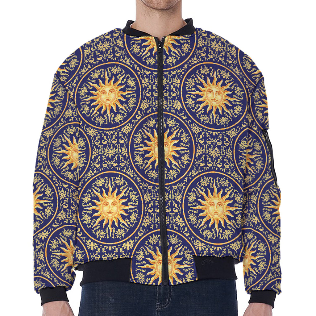 Blue And Gold Celestial Pattern Print Zip Sleeve Bomber Jacket