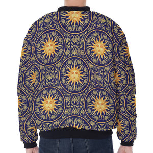 Blue And Gold Celestial Pattern Print Zip Sleeve Bomber Jacket