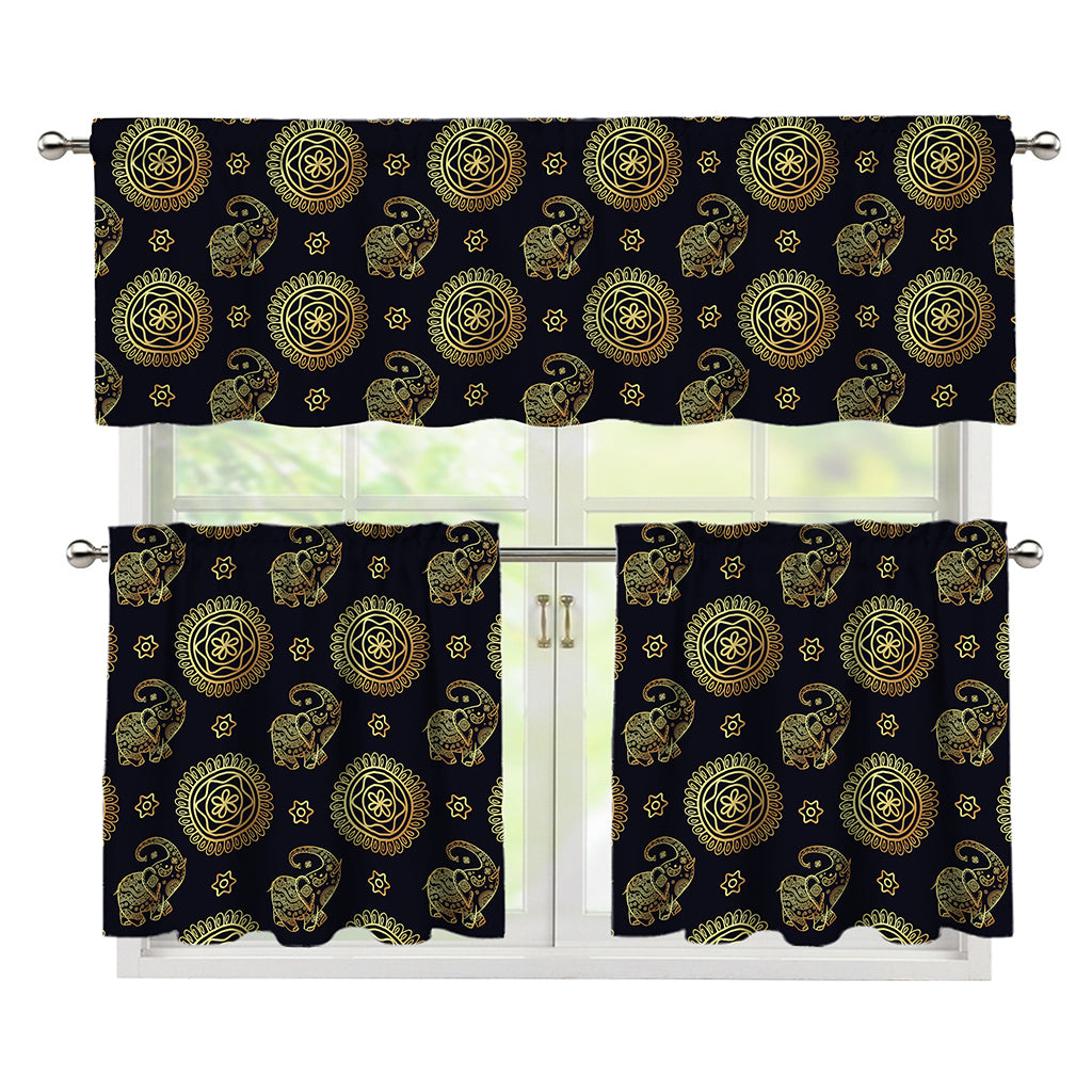 Blue And Gold Tribal Elephant Print 3 Piece Kitchen Curtains