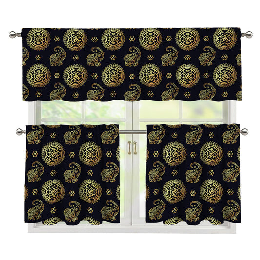 Blue And Gold Tribal Elephant Print 3 Piece Kitchen Curtains