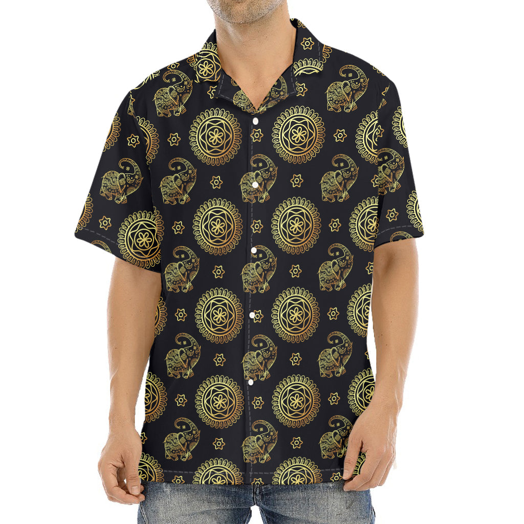 Blue And Gold Tribal Elephant Print Aloha Shirt