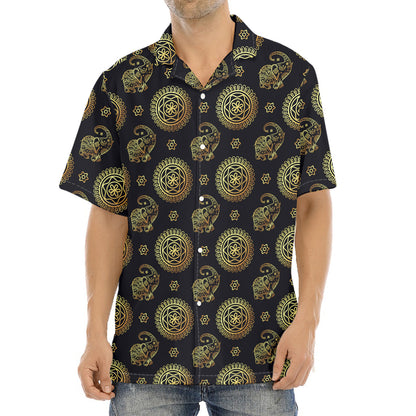Blue And Gold Tribal Elephant Print Aloha Shirt