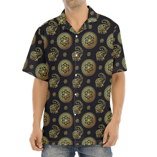 Blue And Gold Tribal Elephant Print Aloha Shirt