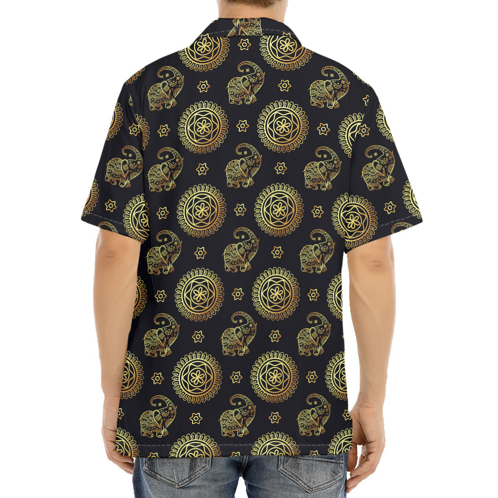Blue And Gold Tribal Elephant Print Aloha Shirt