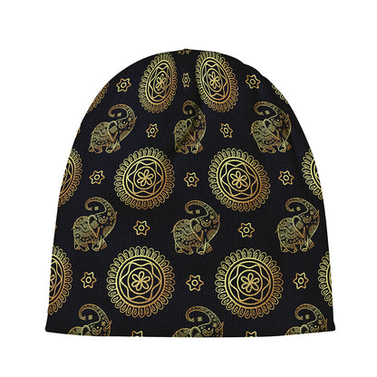 Blue And Gold Tribal Elephant Print Beanie