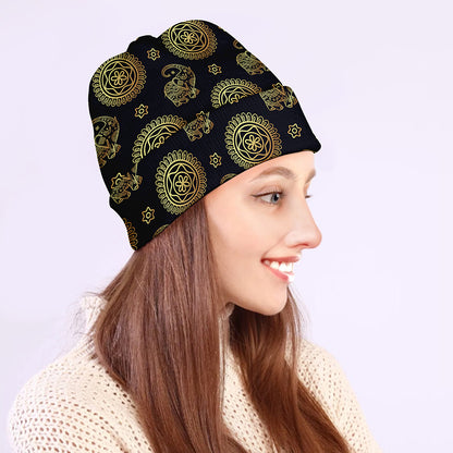 Blue And Gold Tribal Elephant Print Beanie
