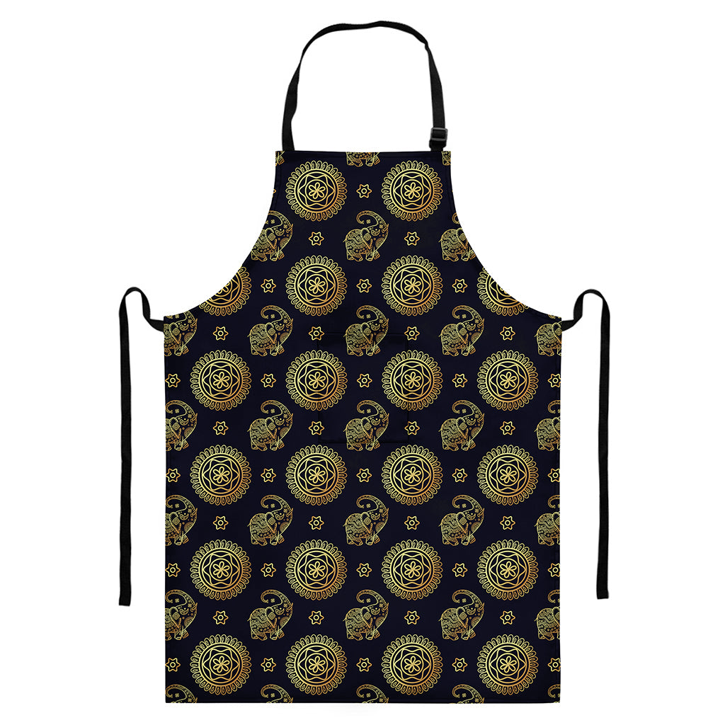 Blue And Gold Tribal Elephant Print Bib Apron With Pocket