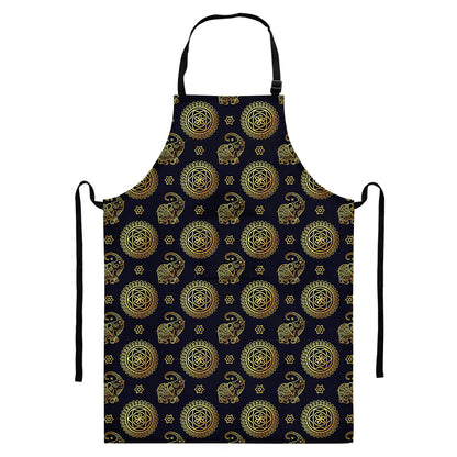Blue And Gold Tribal Elephant Print Bib Apron With Pocket