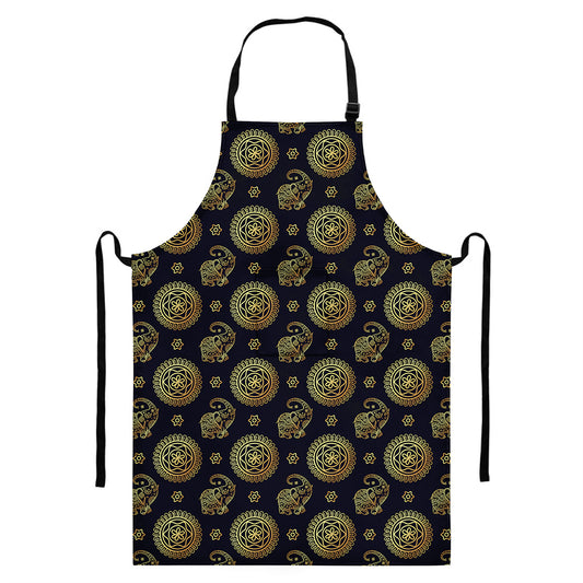 Blue And Gold Tribal Elephant Print Bib Apron With Pocket