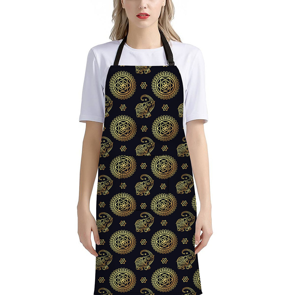 Blue And Gold Tribal Elephant Print Bib Apron With Pocket