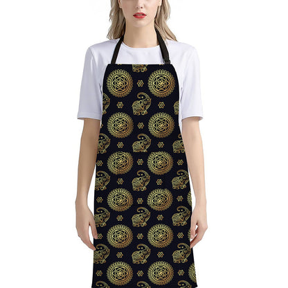 Blue And Gold Tribal Elephant Print Bib Apron With Pocket