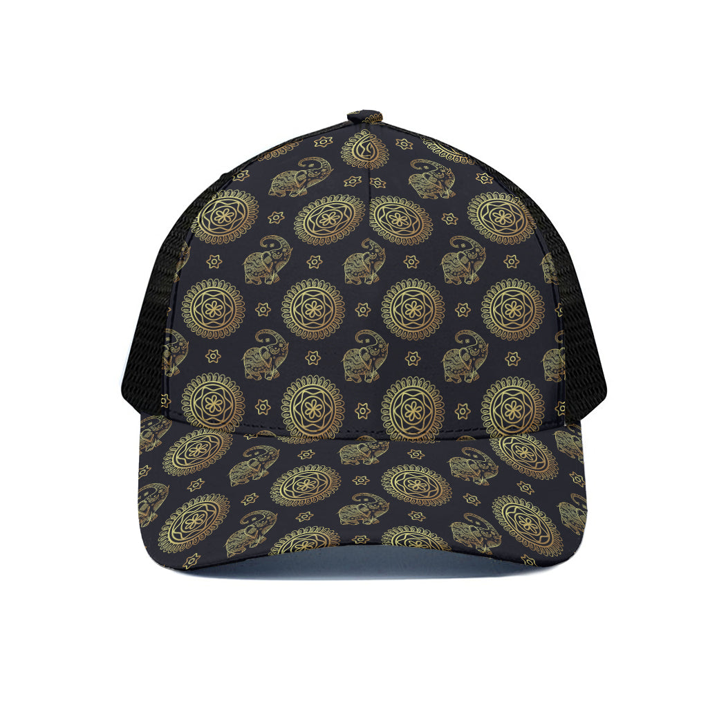 Blue And Gold Tribal Elephant Print Black Mesh Trucker Cap