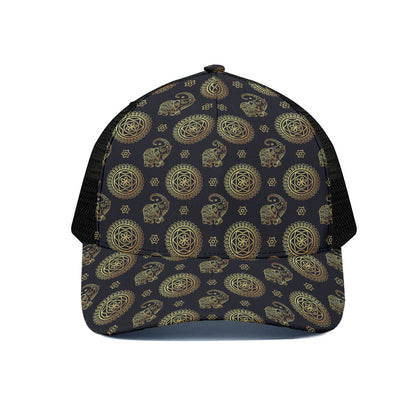 Blue And Gold Tribal Elephant Print Black Mesh Trucker Cap
