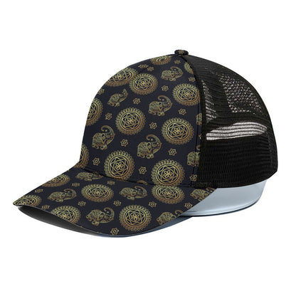 Blue And Gold Tribal Elephant Print Black Mesh Trucker Cap
