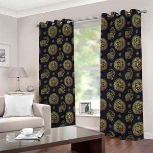 Blue And Gold Tribal Elephant Print Blackout Grommet Curtains